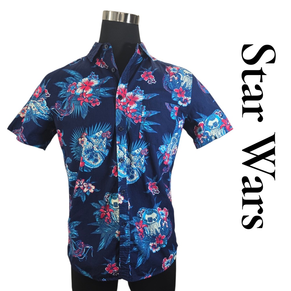 Star Wars Shirt Mens M Navy Blue Cotton Tropical Floral R2-D2 Millennium Falcon
